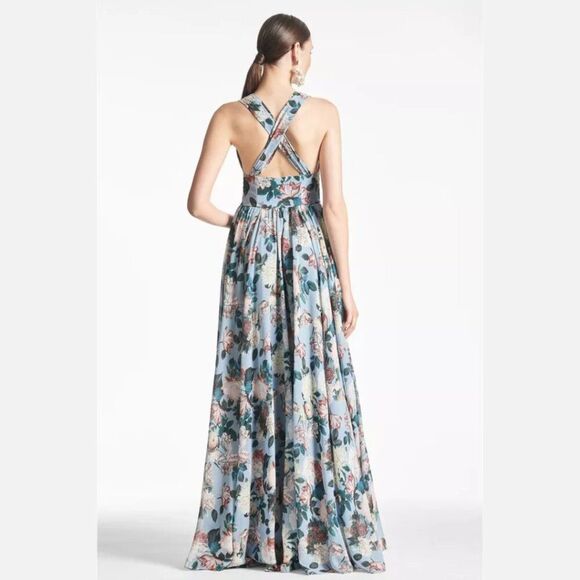 $850 Sachin & Babi Size 6 Kenzia Blue Pink White Floral Chiffon Gown Maxi Dress - Picture 4 of 4